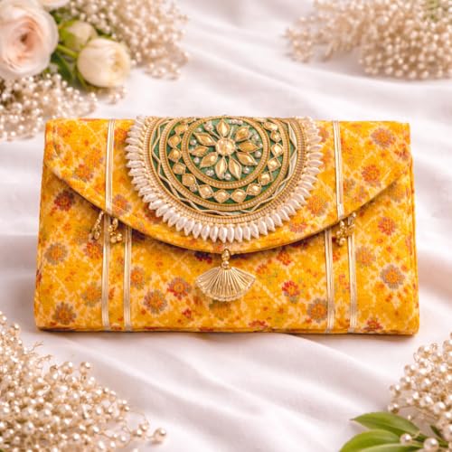 Image of JAIPUR ACE Women Ethnic Embroidered Clutch Bag with Golden Handwork & Tassel | Traditional Wedding, Party & Festive Shagun Purse| Return Gift Clutches (Pack of 3)