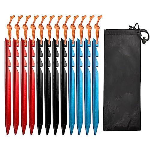 TSHAOUN 12 Piezas Tienda De Campaña Clavijas，18cm AleaciÓN De Ultraligeras Aluminio TriÁNgulo Estaca con CordÓN Reflectante，Camping Carpa Uñas Estacas para Lugares Al Aire Libre Y Arena