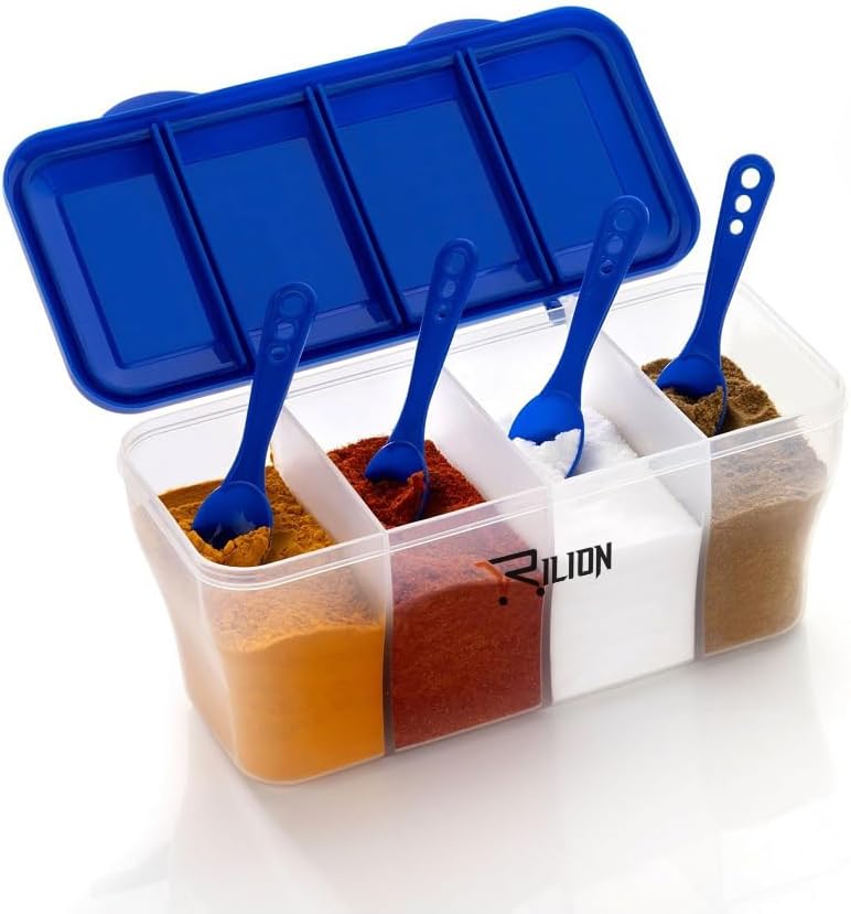RILION Multipurpose Plastic 4 In 1 Masala Box for Kitchen, Transparent Pickel Box, 4 Compartment Storage Container Airtight For Cereal, Dry Fruits Dabba1800 Ml with 4 Spoons(Blue)