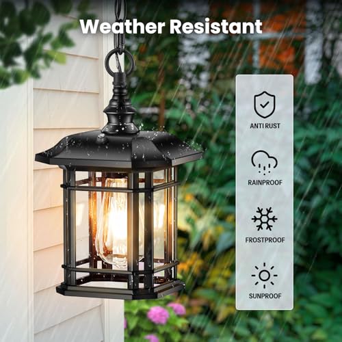 Image of Gleamz Dusk to Dawn Outdoor Pendant Lights for Porch, Black Hanging Exterior Light, Outside Chandelier with Adjustable Chain, Outdoor Hanging Lights for House, Doorway, Easy Installation, 1 Pack