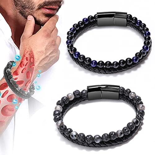 2/4 pièces Humanic+ Bracelets en perles MAXHematie, Bracelets en perles Humanic+ Trio MAXHematie, Bracelets en perles Humanic+ Pro MAXHematie, Bracelet en pierre de lave noire pour homme (bleu,21cm) Cover