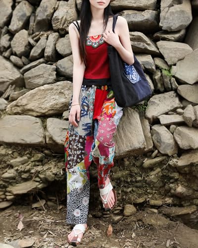 Women's Patchwork Harem Pants Cotton-Linen Blend Boho Trousers Hippie Pants with Pockets Fall Winter2