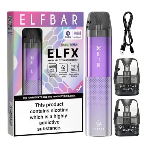 ELFBAR ELFX Vape Kit - E-cigarette Starter Vape Kit, Long Lasting 1000mAh Battery, 30W Max Output, RDTL and MTL Vaping, Inhale Activation, Adjustable Airflow, USB Type-C Charging, No Nicotine (Purple)