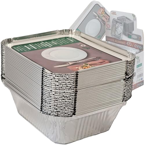 VESCEL - 25 Bandejas Aluminio Rectangulares con Tapa (470 ml) | Para Hornear, Congelar y Transportar Alimentos | Con Caja Expositora, Reutilizables o Desechables