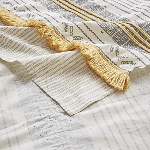 Image of Ink+Ivy Cody 100% Cotton Shower Curtain, Boho Chic Printed Striped with Tassel Pompom, Fringes Trim, Modern Bathroom Decor, Machine Washable 72 inch x 72 inch Grey /Yellow