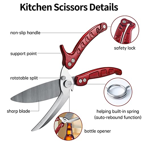 Kitchen Scissors Heavy Duty,Shears All Purpose Dishwasher Safe,Stainless Steel Multi-Function Poultry Shears,Sharp Cooking Scissors For Chicken,Fish,Raptor,Meat,Turkey,Seafood,Crab,Bone (Burgundy) #TOP3
