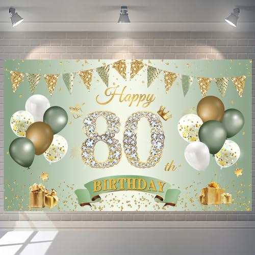 Pancarta de 80 cumpleaños para mujeres y hombres, decoración verde y oro 80, pancarta de fondo para 80 años, pancarta de cumpleaños extragrande, cartel de tela para 80 cumpleaños decoración