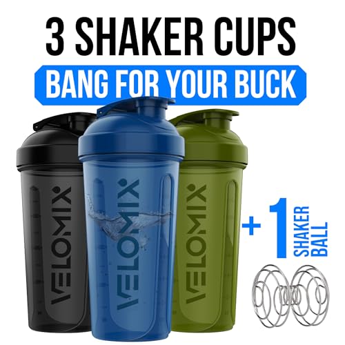 Image of VELOMIX 3 Pack 14 oz Protein Shaker Bottle for Mixes - 1 Wire Whisk Ball | Stackable Leak Proof Cups | Dishwasher Safe, BPA-Free