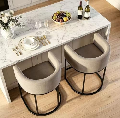 Image of 26 inch H Counter Height Bar Stools Set of 2, Modern Barrel Counter Stools with Backrest and Arms, Linen Fabric Upholstered Accent Barstools for Kitchen Island,Support 450 LBS (Sand)