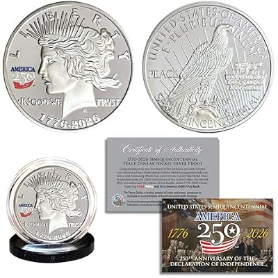 Proud Patriots America 250th Anniversary Peace Dollar Nickel Proof Coin 1776-2026 Double-Dated Tribute with Red, White & Blue Privy Mark 39mm Non-Monetary Collectible