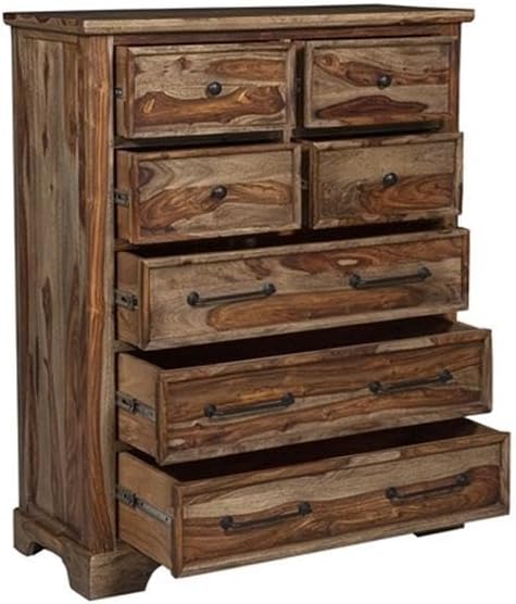 Pemberly Row Solid Sheesham Wood Chest, 53" H x 43" W x 18" D, Brown Harvest Finish, 7 Metal Glide Drawers, Natural Wood Grain, Handcrafted Contemporary Style Bedroom Storage Furniture