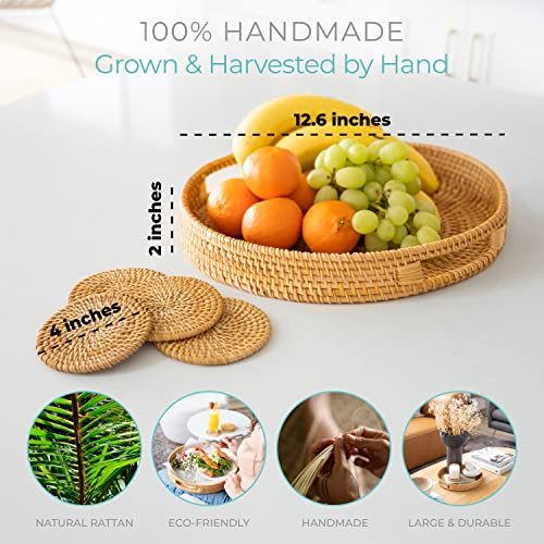 Handwoven 12.6" Large Round Rattan Serving Tray With Handles & Drink Coasters – Decorative Coffee Table Ottoman Woven Wicker Fruit Basket – Boho Circular Living Room Home Decor #TOP1