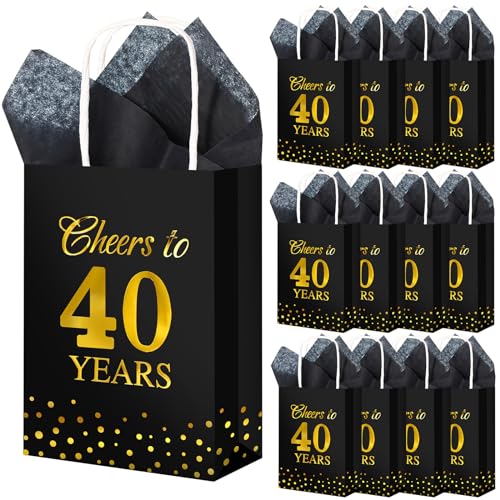 Resholder 20 Pack Black Gold 40th Birthday Gift Bag Cheers to 40 Years Party Favors with Handle Tissue Paper for Men Women 6.3" x 8.66" x 3.15" Treat Presents Birthday Anniversary Supplies Decorations