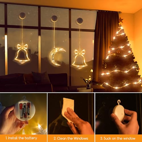 Jsdoin LED Christmas Window Light Moon and Bell, Twinkle Christmas Curtain Light with Timer, Hanging Lights for Party Shop Window Xmas Decoration, Outdoor Indoor, Battery Powered(Warm Light) - Image 3