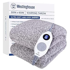 Westinghouse Electric Blanket Throw Size, Soft Plush Sherpa Heated Blanket with 6 Heating Levels & 4 Hours Auto Off…