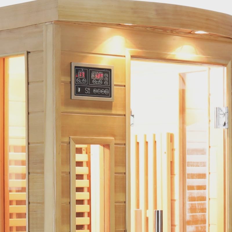 SNÖ Sauna Infrarouge Extérieur 1 Place 1500W Cabine Hemlock Bois Massif Chromothérapie LED Panneaux Carbone Porte Verre Sécurisé Ionisateur Bluetooth