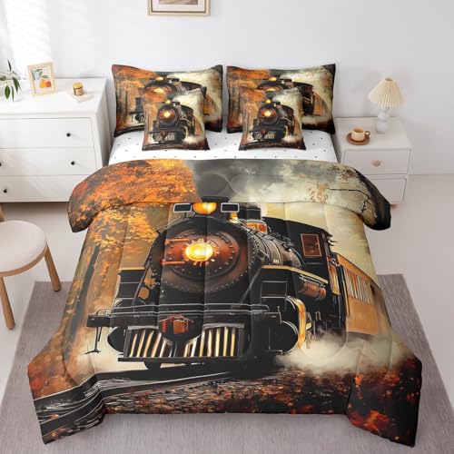Erosebridal Train Bedding Set Retro Steam Engine Twin Comforter Set 7 Piece Railway Track Transport Bed in A Bag with Sheets for Kids Boys Teen Men,Autumn Fallen Leaves Bed Set