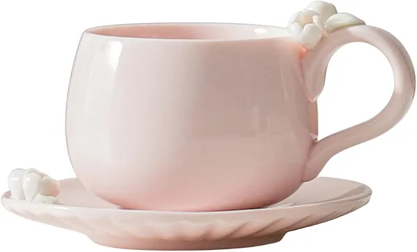 Creative cute Kawaii cherry ceramic mug flower language coffee mug, coaster suitable for office and home use, novelty coffee mug ，coffee mugs for women，gifts for women (pink)