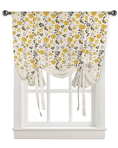 Tie Up Curtains Window Shades,Flower Yellow Grey Cherry Blossoms Cotton Linen Background Rod Pocket Tie Up Window Shade,Adjustable Balloon Curtain Shade for Blinds Kitchen Bathroom,1 Panel,52