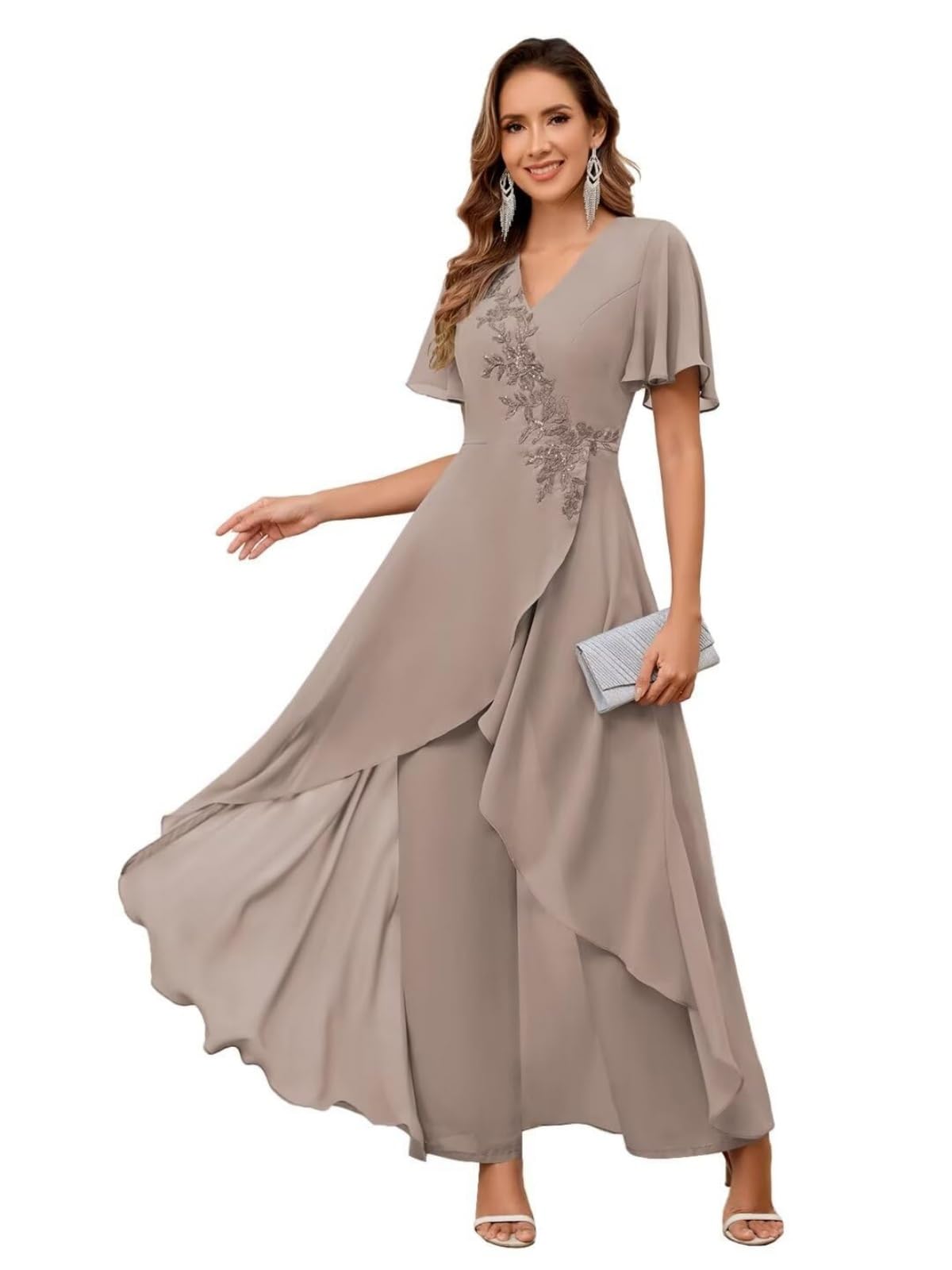 Mother of The Bride Pant Suits - Chiffon Lace Appliques V Neck Flutter Sleeves Pant Suits for Wedding