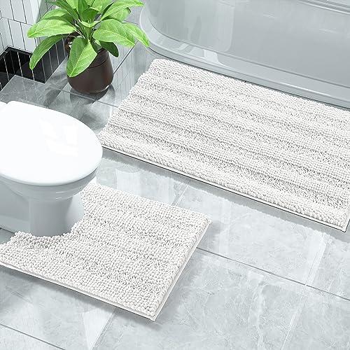 Yimobra Bathroom Rugs Sets 2 Piece, Soft Absorbent Chenille Bath Mat and U-Shaped Toilet Rug, Non Slip Machine Washable Quick Dry, Plush Shower Rugs for Bathroom Floor, 32"x20"+24"x20", White