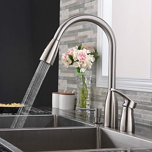 Hotis 3 Hole Pull Out Prep Sprayer Stainless Steel Single Handle Pull Down Kitchen Faucet, Sink Faucet Brushed Nickel Kitchen with Side Single Handle and Soap Dispenser