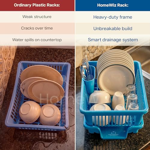 Image of HomeWiz Plastic Dish Drying Rack | Rust-Free Utensil Rack with Built-in Drainage | 50 KG + Weight Capacity | Kitchen Rack with Cutlery Holder | BPA-Free Food Grade Plastic | 43x30x20 cm | Blue