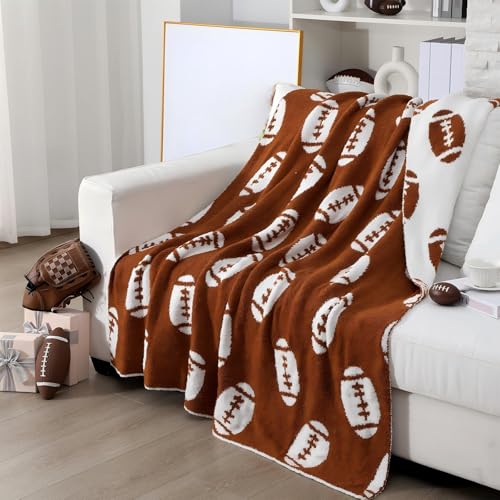 Buryeah Football Knit Throw Blanket, 50 x 60 Inch Reversible Sports Knitted Throw Blanket, Cozy Soft Lightweight Gift for Couch Sofa Bed(Brown and White)