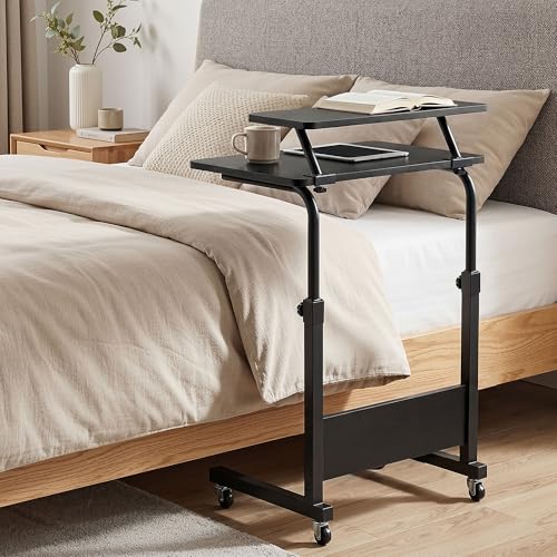 YITAHOME Beistelltisch Höhenverstellbar mit Rollen, Mobilfunk Laptoptisch, Tragbarer Home Office Schreibtisch mit Aufbewahrungsregal für Schlafzimmer, Stehpult Beistelltisch Rollen, Schwarz