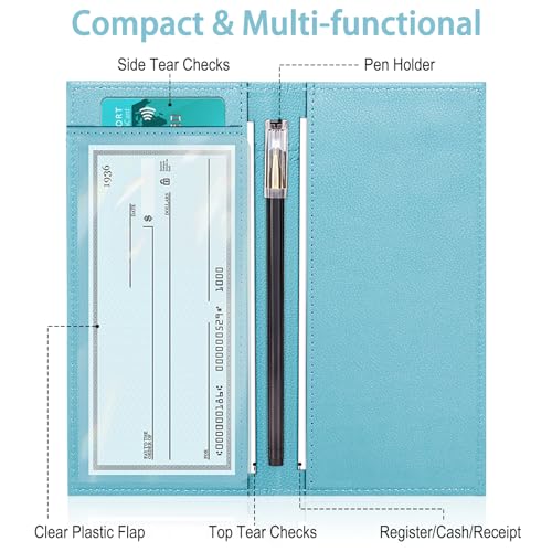 LLi Cufite Leather Checkbook Cover for Top & Side Tear Registers Duplicate Checks with Plastic Insert Flap Pen Holder Slim Wallet Card Holder for Men Women