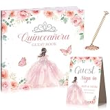 Threehoney 3 Pcs Quinceañera Guest Book Set with Plaque and Pen,Rose Gold