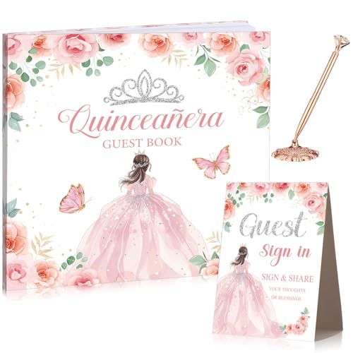 Threehoney 3 Pcs Quinceañera Guest Book Set 15th Quinceanera Party Favors with Standing Plaque and Rose Gold Diamond Pen with Base 15th Birthday Decorations