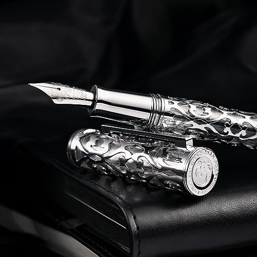 Image of Hongdian D1 Piston Fountain Pen Extra Fine Nib, Hollow Skeleton & Resin Pen with Metal Case Set (Silver)