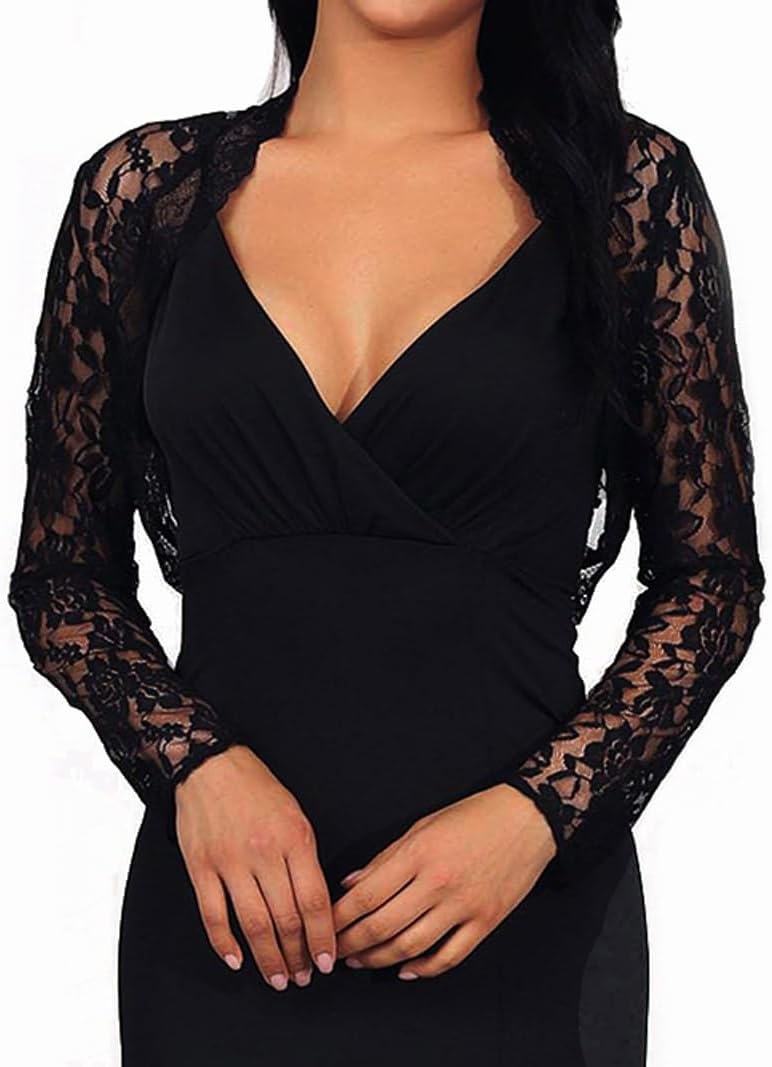 Latious Lace Bolero Shrugs for Dresses Formal Lace Jackets Long Sleeves Bridal Shrug for Women