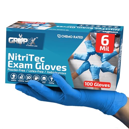 London Labs Heavy Duty 6 Mil Blue Nitrile Gloves Disposable Latex & Powder Free -Extra Stretchy Fentanyl Safe |Medical,First Aid Kit,EMT|Food Safe Rubber Gloves for Cooking & Cleaning| Pack of (100)
