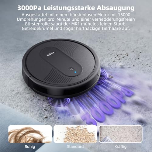 MONSGA Saugroboter mit Wischfunktion 3 in 1, Staubsauger Roboter 3000PA, Saugroboter mit 2 Bürsten, Selbstaufladend, WiFi, 140Mins, Ideal für Tierhaare, Teppich, Hartboden (Schwarz)