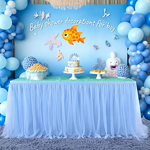 image for Suppromo 2 Pack 6ft Blue Tulle Table Skirts for Rectangle Tables or Ro