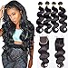 Produktbild Maxine Brazilian Hair With Closure 9A Grade 3 Bundles Body Wave Virgin Human Hair Bundles With 4x4 Lace Closure 100% Unprocessed Hair Extensions Natural Black Color (20 22 24 + 18, Free Part)