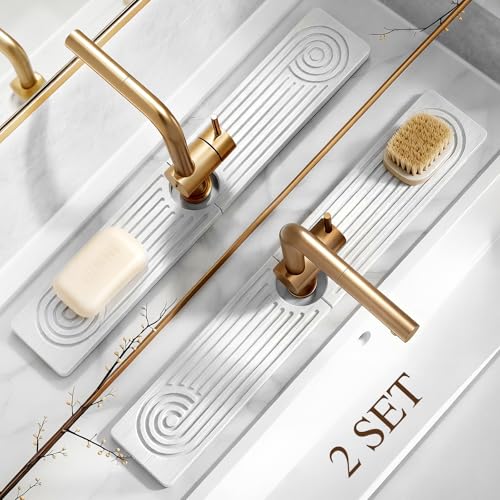 2 Pack Stone Faucet Mat for Kitchen Sink Absorbing Drying Stone Mat Prevent Moisture Sink Splash Guard Water Natural Diatomite Stone Tray for Bathroom Counter 23.6*3.9inch (White+White)
