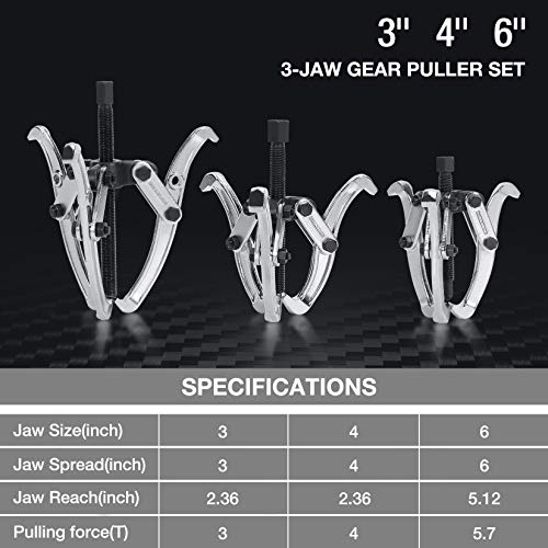 Duratech 3-Piece 3-Jaw Gear Puller, 3", 4", 6", Removal Tool For Gears, Pulleys, Bearings, And Flywheels, Fully Assembled, Cr-V Steel #TOP2
