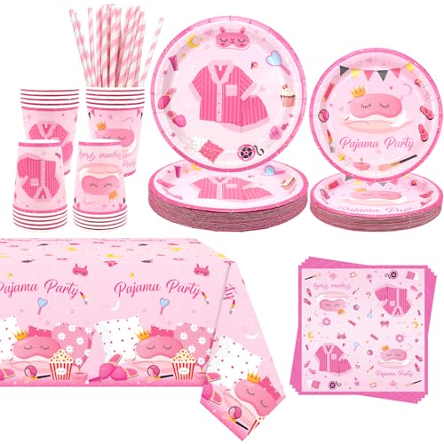 Image of Obussgar Pajama Party Decoration - Pajama Birthday Party Tableware Supplies Includes Plates, Cups, Napkins, Tablecloth, Straws (20)