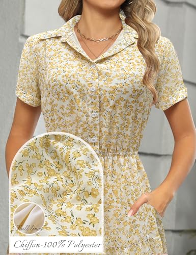 Image of Kranda Women 2026 Summer Collared V Neck Short Sleeve Button Down Chiffon Long Tiered Floral Maxi Dress with Pockets