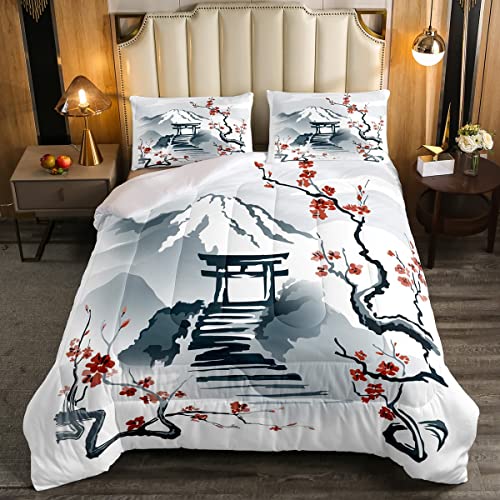 Erosebridal Japanese Style Bedding Set Cherry Blossoms Comforter Set,Mount Fuji Quilt Set Branches Sakura Flowers Down Comforter,Ink Painting Style Vintage Luxury Bedroom Decor Kids Teens Adults,Queen