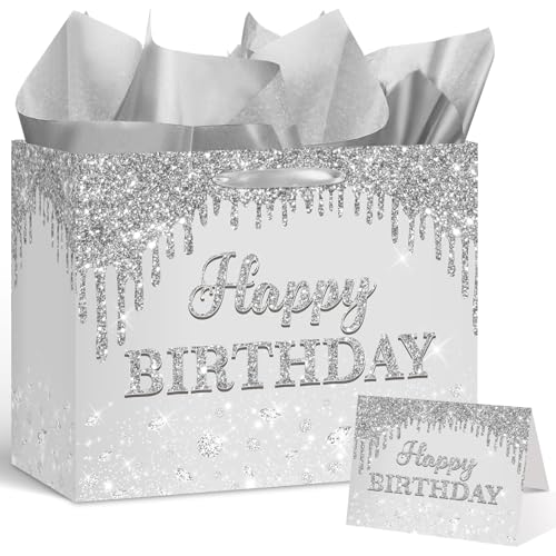 Yoirrat Silver Birthday Gift Bag for Boys Girls Men Women Large Glitter Happy Birthday Bag with Wrapping Tissue Paper and Card for Elegant Bday 25th Anniversary Party Supplies Present