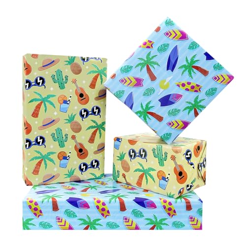 Summer Wrapping Paper, Hawaii Tropical Themed Wrapping Paper for Aloha or Summer Vacation, Coconut Tree Cactus Surfbrett Wrap Papers, 4 Sheets In 2 Designs Folded Flat 50x70 cm Per Sheet
