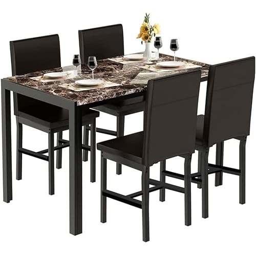 tantohom Dining Table Set for 4, Modern Kitchen Table and Chairs for 4, 5 Pieces Dining Room Table Set with Upholstered PU Leather Chairs for Small Spaces, Apartment, Dinette, Home Furniture, Browm