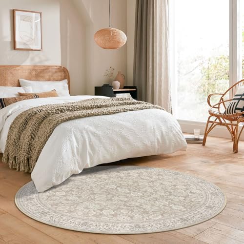 Cream Beige White Grey 6' Round Rug Washable Rug for Entryway Soft Non-Slip Area Rugs Distressed Floral Low-Pile Carpet, Neutral Vintage Circle Rugs for Living Room Dining Bedroom Foyer