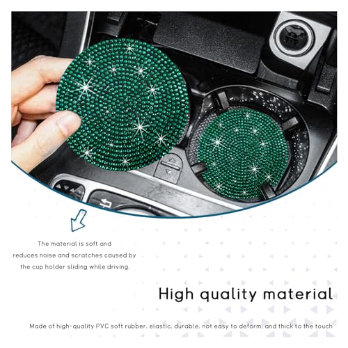 Image of Ziciner 2 Pack Bling Car Cup Holder Coaster, Anti-Slip Auto Insert Coaster with Start Stop Button Cover, Universal Shiny Crystal Vehicle Interior Accessories for Women and Girls (Green)