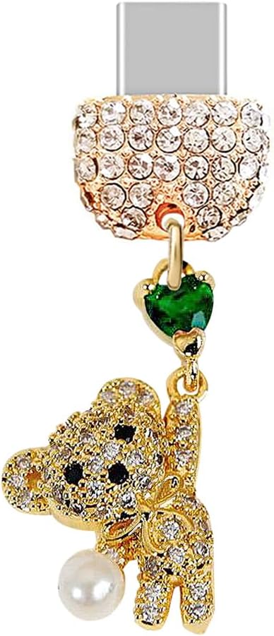 TP956 Puerto de carga tipo C Tapón antipolvo de cristal Pequeño osito de peluche de cristal 3D con encanto para teléfono celular con corazón de amor para teléfonos Android iPhone 15/16 / Samsung / OnePlus / Xiaomi / oppo (Oro)