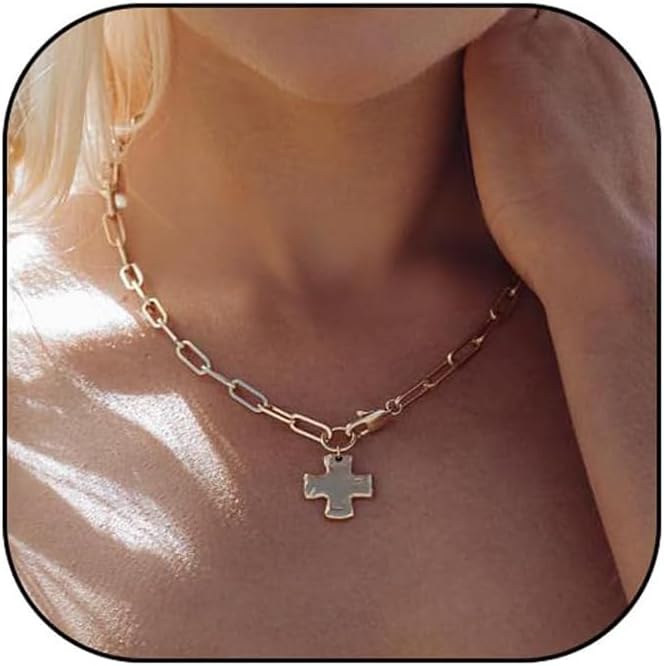 Chunky Gold Cross Necklace for Women, Non Tarnish Thick Golden Hammered Bold Statement Pendant Vintage Paperclip Stacks Toggle Necklace Jewelry Gift